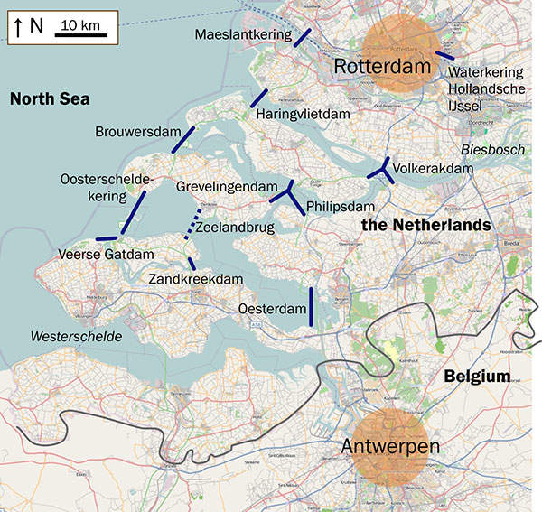The project comprised of 13 dams, including barriers, sluices, locks, dikes, and levees, to reduce the Dutch coastline and protect the areas within and around the Rhine-Meuse-Scheldt delta from the North Sea. Image courtesy of OpenStreetMap.org.