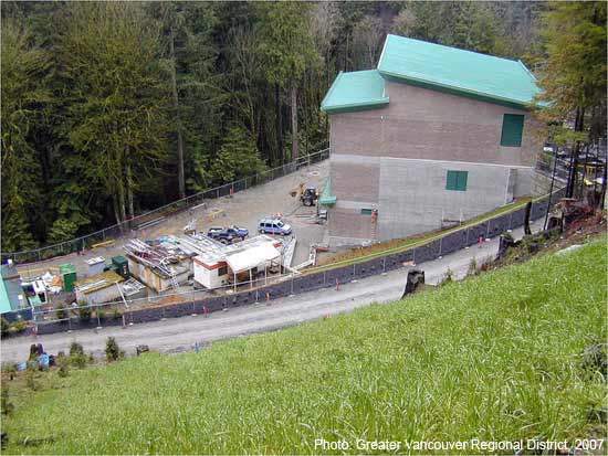The Capilano pumping station. Raw water from the Capilano reservoir will be pumped to the plant along one of the pair of new tunnels being constructed as part of the project, treated water returning by gravity along the other to enter the Capilano distribution system.