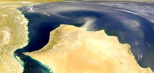 Satellite image of a dust storm blowing from Oman out over the Arabian Sea. Water is a scarce resource and of the country's total area of 212,460km², only around 750km² is irrigated; arable land and permanent crops account for only 0.26% of the overall land usage.