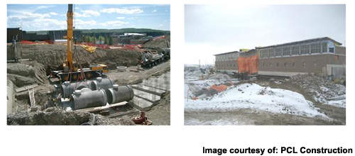 Preatreatment facility construction. The VC-10 pipe installation, May 2006 (left) and the building itself during construction.