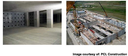 Work in progress on the new building; inside (left) and the south-east elevation in May 2006 (right).