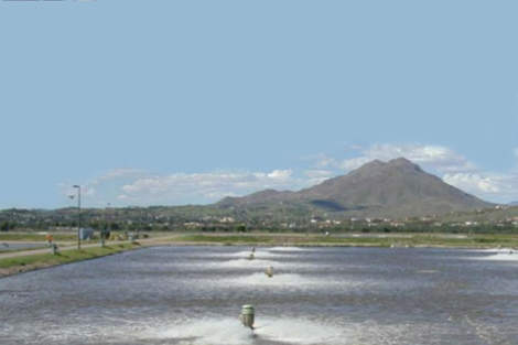 View over the treatment lagoons towards the town and the mountains beyond. The long-awaited upgrade of the facility has taken more than ten years of discussion and planning to achieve.