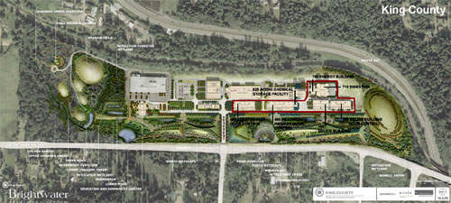Annotated composite aerial view of the plant. Delays in construction work postponed the plant opening to late 2012.