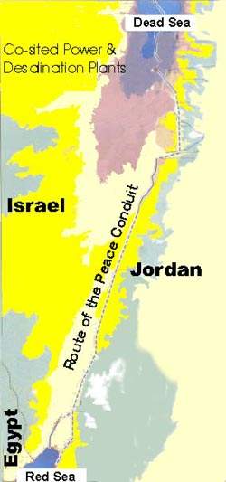 The route of the proposed Red Sea-Dead Sea canal. The planned 180km conduit, consisting of tunnel and canal sections, would carry1.8 billion cubic metres a year of seawater to associated power / RO desalination projects and provide 850 million cubic metres a year of fresh water to Jordan, Israel and Palestine.