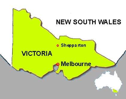 Map of Victoria and south east Australia. Shepparton lies to the north, in a region where the predominant industries are fruit, vegetable, beef and dairy processing. These particular demands have had a significant influence on the improvement scheme.